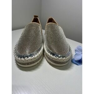Silver Rhinestone Slip On Platform Sneakers Bling Loafers Whipstitch